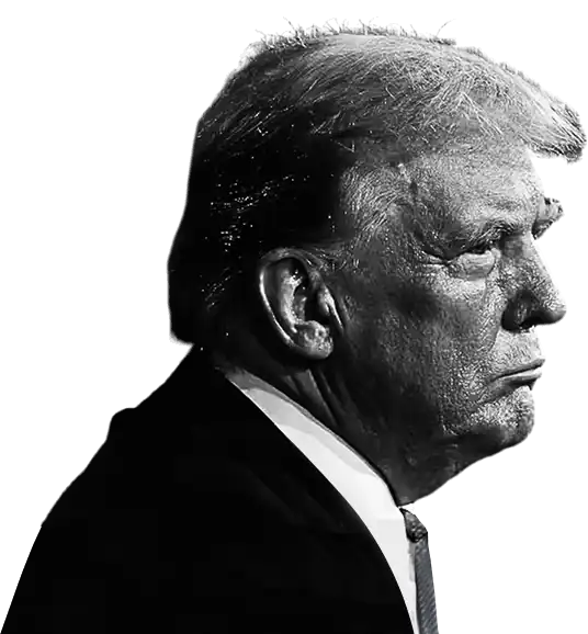 Black and white side profile photograph of President Trump in formal business attire with stern face